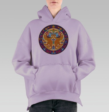 Оранжевые грифоны с синими элементами русских узоров, Hoodie Oversize Fiolet, утепленная