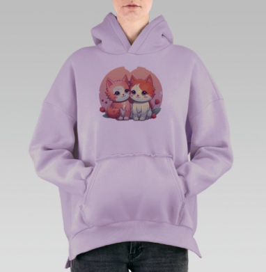 Пара нежных котов с цветами в романтической обстановке, Hoodie Oversize Fiolet, утепленная
