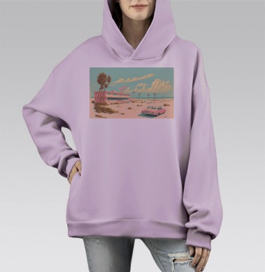 Пастельный розовый ретро автомобиль пустынный берег, Hoodie Mono Fiolet, оверсайз, утепленная
