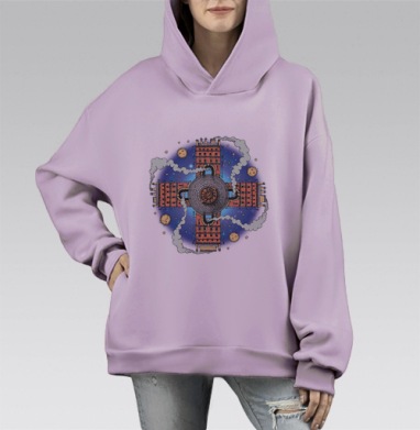 Перекресток миров кирпичные здания космическая архитектура, Hoodie Mono Fiolet, оверсайз, утепленная