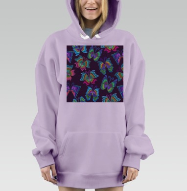 Перламутровые яркие бабочки на темном фоне, Hoodie Mjhigh Dig Mel, Fiolet, утепленная