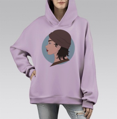 Профиль молодой женщины в коричневой шапке и голубом фоне, Hoodie Mono Fiolet, оверсайз, утепленная