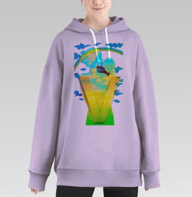 Радужная буква V с девушкой и рыбкой на фоне облаков, Hoodie Long Oversize Fiolet