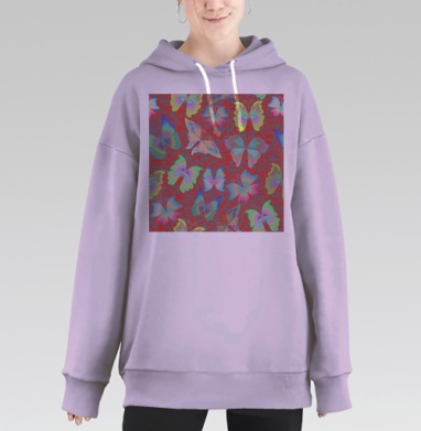 Разноцветные бабочки на серо красном фоне бесшовный принт, Hoodie Long Oversize Fiolet
