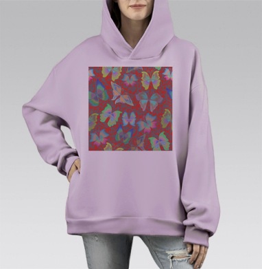 Разноцветные бабочки на серо красном фоне бесшовный принт, Hoodie Mono Fiolet, оверсайз, утепленная