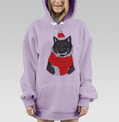 Стильный черный кот в зимнем наряде с шарфом, Hoodie Mjhigh Dig Mel, Fiolet, утепленная