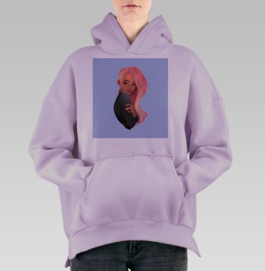 Розовые волосы у женщины в задумчивом образе в задумчивом образе, Hoodie Oversize Fiolet, утепленная