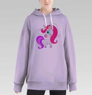 Розовый фиолетовый милый единорог с голубыми глазами, Hoodie Long Oversize Fiolet