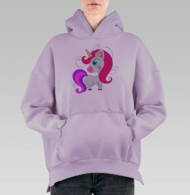Розовый фиолетовый милый единорог с голубыми глазами, Hoodie Oversize Fiolet, утепленная