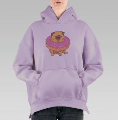 Счастливый пес мопс в розовом пончике подарок юмор веселье, Hoodie Oversize Fiolet, утепленная