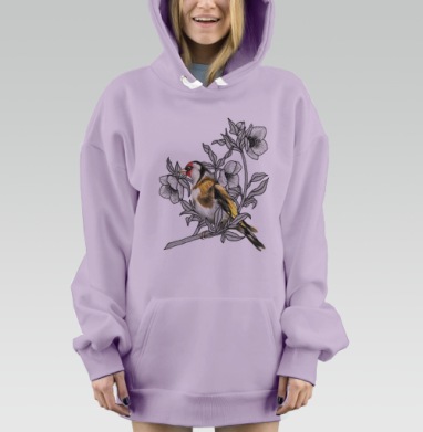 Щегол в ярких оттенках на графичных ветках, Hoodie Mjhigh Dig Mel, Fiolet, утепленная