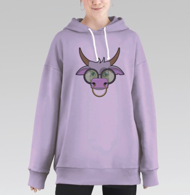 Симпатичный бык в очках коричневый розовый серый, Hoodie Long Oversize Fiolet