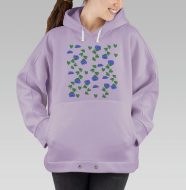 Синие цветы зеленые листья на светлом фоне для мебели, Hoodie Oversize Fiolet