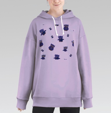 Синие совы на сером фоне для детей, Hoodie Long Oversize Fiolet