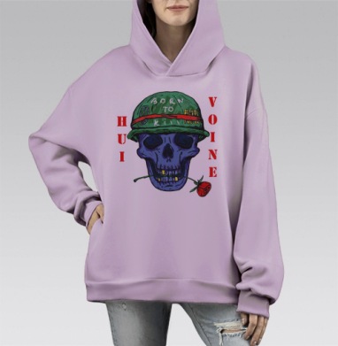 Синий череп с зелёным шлемом и красной розой в зубах войны, Hoodie Mono Fiolet, оверсайз, утепленная