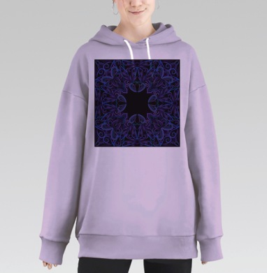 Синий фиолетовый абстрактный орнамент на черном фоне, Hoodie Long Oversize Fiolet