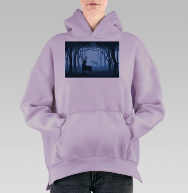 Синий лес олень и волк в ночном воздухе, Hoodie Oversize Fiolet, утепленная