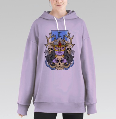 Скандинавская богиня Хель с черепами и рогами на сером фоне, Hoodie Long Oversize Fiolet