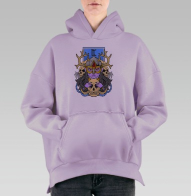 Скандинавская богиня Хель с черепами и рогами на сером фоне, Hoodie Oversize Fiolet, утепленная