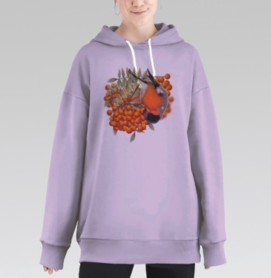 Снегирь на ветке рябины зимой на светлом фоне, Hoodie Long Oversize Fiolet