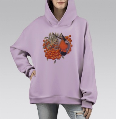 Снегирь на ветке рябины зимой на светлом фоне, Hoodie Mono Fiolet, оверсайз, утепленная