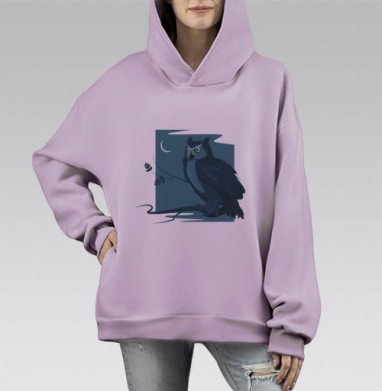 Сова в ночи на ветке дерева, Hoodie Mono Fiolet, оверсайз, утепленная
