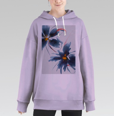 Темно синие цветы с оранжевым центром и красными акцентами на белом фоне, Hoodie Long Oversize Fiolet