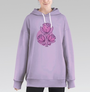 Три сиреневые розы на сером фоне на 3 последних слова, Hoodie Long Oversize Fiolet