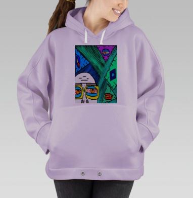 Усталый взгляд сквозь яркие порталы на фоне зеленого и синего, Hoodie Oversize Fiolet