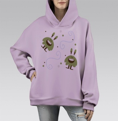 Веселые монстрики в оливковом на сером фоне веселые монстрики, Hoodie Mono Fiolet, оверсайз, утепленная