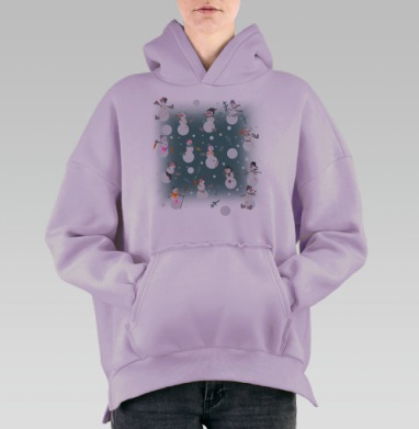 Веселые снеговики с морковками и сапогами на сером фоне, Hoodie Oversize Fiolet, утепленная