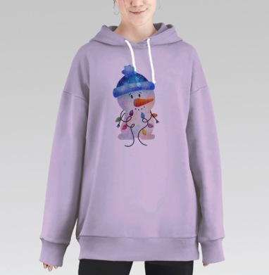 Веселые снеговики в зимних шапках и шарфиках на белом фоне, Hoodie Long Oversize Fiolet