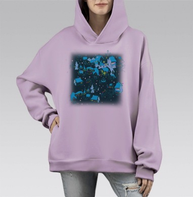 Веселые старые дома со снежинками и огнями в канун Рождества, Hoodie Mono Fiolet, оверсайз, утепленная