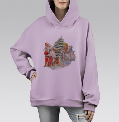 Весёлый Дед Мороз и снеговики у ёлки Новый Год вместе, Hoodie Mono Fiolet, оверсайз, утепленная