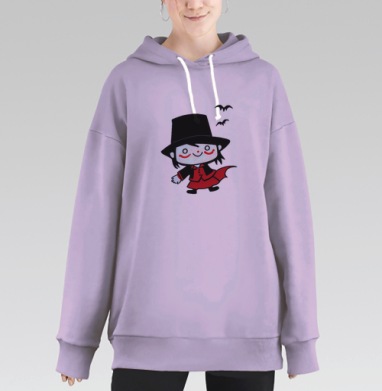 Веселый маленький вампир в красном костюме на сером фоне, Hoodie Long Oversize Fiolet