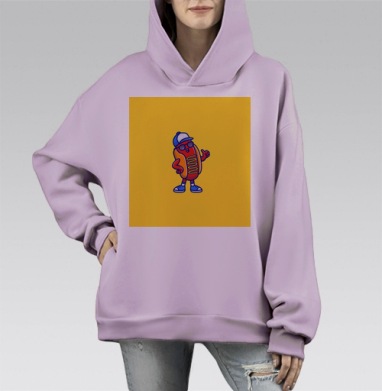 Весёлый хот дог с кепкой и очками на желтом фоне, Hoodie Mono Fiolet, оверсайз, утепленная