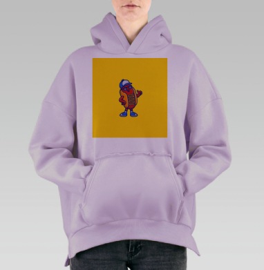 Весёлый хот дог с кепкой и очками на желтом фоне, Hoodie Oversize Fiolet, утепленная