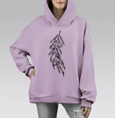 Ветка оливкового дерева с плодами и листьями нежный рисунок, Hoodie Mono Fiolet, оверсайз, утепленная