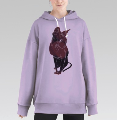 Внимательный красный кот с графическими линиями на сером фоне, Hoodie Long Oversize Fiolet