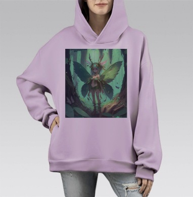 Волшебная лесная фея с зелеными крыльями и венком из листьев, Hoodie Mono Fiolet, оверсайз, утепленная