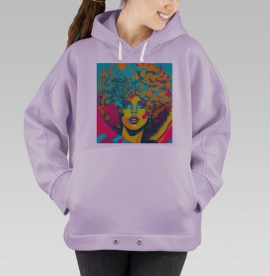 Яркая девушка с Афро кудри в красочных оттенках, Hoodie Oversize Fiolet