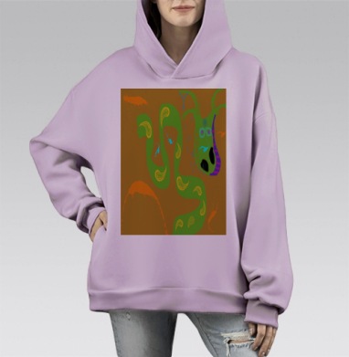 Яркая зеленая змея с синими мышами на коричневом фоне, Hoodie Mono Fiolet, оверсайз, утепленная