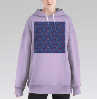 Яркие сердечки на синем фоне нежность игривость романтика, Hoodie Long Oversize Fiolet