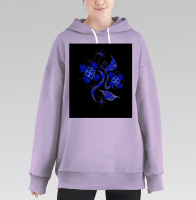 Яркие синие цветы с абстрактными листьями на черном фоне, Hoodie Long Oversize Fiolet