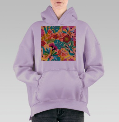 Яркий Цветочный Коллаж с Листьями на Светлом Фоне, Hoodie Oversize Fiolet, утепленная