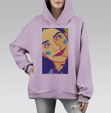 Яркий женский портрет с улыбающимся лицом крупным планом, Hoodie Mono Fiolet, оверсайз, утепленная