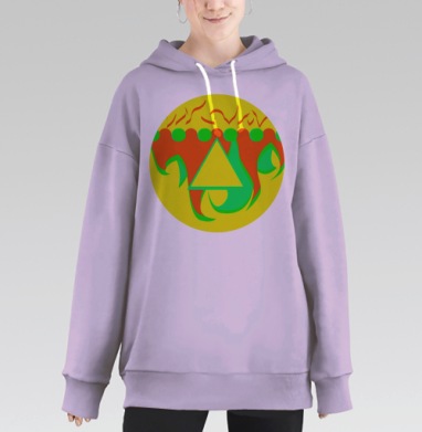 Яркий кислотный треугольник с огнём в центре композиции, Hoodie Long Oversize Fiolet