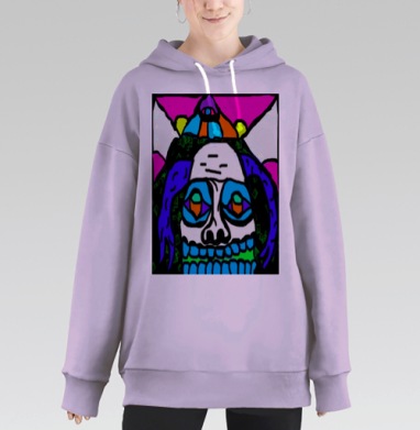 Яркий контрастный череп с карнавальными элементами и глазами, Hoodie Long Oversize Fiolet