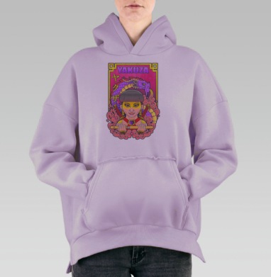 Яркий рисунок женщины с драконом и катанами в японском стиле Якудза, Hoodie Oversize Fiolet, утепленная