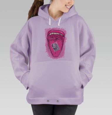 Яркий розовый язык с маркой День космонавтики Поехали, Hoodie Oversize Fiolet